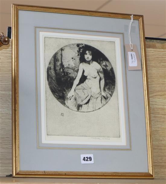 William Lee Hankey (1869-1952), study of semi-nude young woman, signed and numbered, etching, tondo,